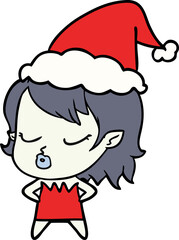 cute hand drawn line drawing of a vampire girl wearing santa hat