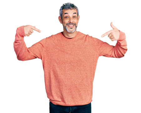 Middle age hispanic with grey hair wearing casual sweater looking confident with smile on face, pointing oneself with fingers proud and happy.