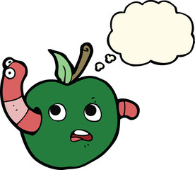 cartoon worm in apple with thought bubble