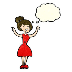 cartoon woman with raised arms with thought bubble