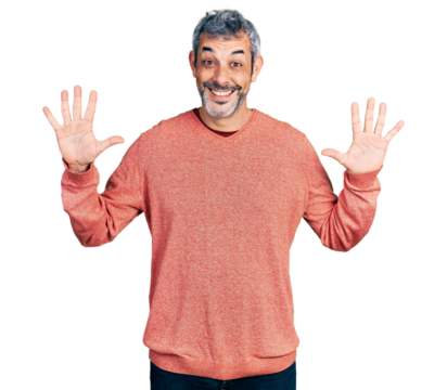 Middle age hispanic with grey hair wearing casual sweater showing and pointing up with fingers number ten while smiling confident and happy.