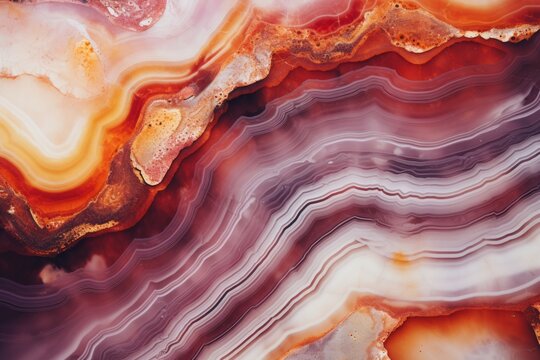 Macro shot of a red and white agate slice revealing intricate details and layers