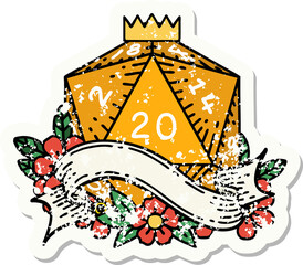 grunge sticker of a natural twenty D20 dice roll