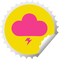 circular peeling sticker cartoon of a thunder cloud