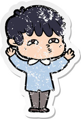 distressed sticker of a cartoon curious man