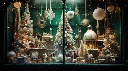 A lavish Christmas window display featuring snow-covered trees, hanging ornaments, a caged candle, and a miniature village, all under a magical glow.