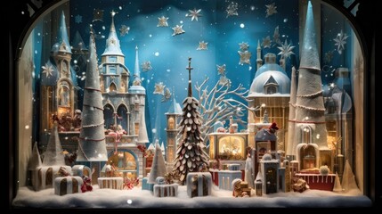 Enchanting Christmas window display with a snowy village, sparkling trees, gifts, and a backdrop of stars, creating a whimsical winter scene.