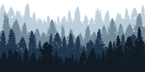Nature background with coniferous forest landscape in different blue tones, trees silhouettes on white, 