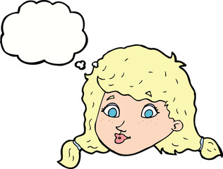 cartoon pretty female face with thought bubble