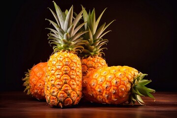 Pineapples on wooden table against black background. Tropical fruits.