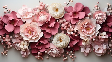 paper flowers in delicate colors located on a dark background, Composition of decorative elements for home and cards. banner
