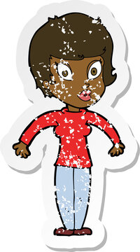 recommend clip art: retro distressed sticker of a cartoon woman shrugging shoulders