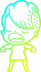 cold gradient line drawing of a cartoon cool hipster girl talking