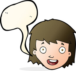 cartoon happy female face with speech bubble