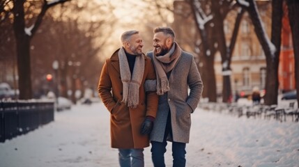 romantic male couple,two gay men have conversation,walk in the park  - obrazy, fototapety, plakaty