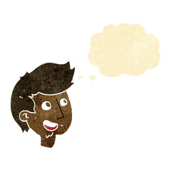 cartoon happy boy face with thought bubble