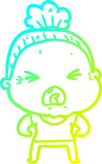 cold gradient line drawing of a cartoon angry old woman