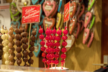Chocolate candies on a stick for sale at the Christmas market