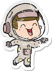 distressed sticker of a happy cartoon astronaut