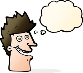 cartoon happy man face with thought bubble
