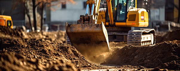 Buldozer digging a foundation of house. building construction - obrazy, fototapety, plakaty