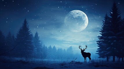 Fototapeta premium A majestic winter night scene with a full moon illuminating the snowy landscape and a silhouetted deer standing beside evergreen trees, under a sky filled with falling snowflakes.