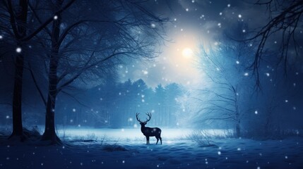 Obraz na płótnie Canvas A tranquil winter scene at twilight with a stag in a snowy forest clearing, illuminated by a soft, glowing light amidst gently falling snowflakes and bare, frosted trees.