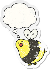 cartoon bee with thought bubble as a distressed worn sticker