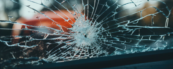 Car crash window detail. Windows glass is broken after car accident - obrazy, fototapety, plakaty
