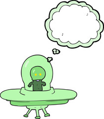 freehand drawn thought bubble cartoon alien in flying saucer