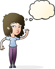 cartoon pretty woman waving with thought bubble