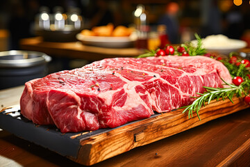 Sizzling perfection, Beef steak on a wooden board a tantalizing stock photo capturing the mouthwatering essence of a perfectly cooked culinary masterpiece.