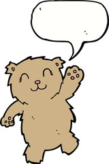 cartoon waving teddy bear with speech bubble