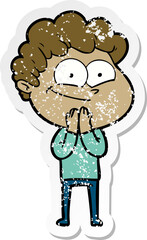 distressed sticker of a cartoon happy man