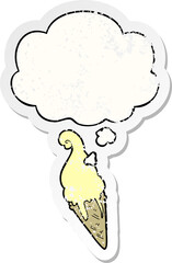 cartoon ice cream with thought bubble as a distressed worn sticker
