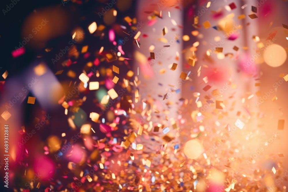 Poster a vibrant image capturing a bunch of colorful confetti falling from the sky, creating an atmosphere 