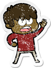 distressed sticker of a worried cartoon boy