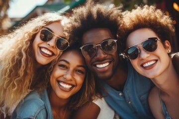 A group of friends capturing a moment together with a selfie. Perfect for social media posts and capturing memories - obrazy, fototapety, plakaty