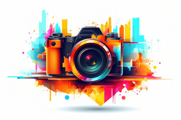 A digital camera covered in vibrant paint splatters. Perfect for capturing creative moments. - obrazy, fototapety, plakaty