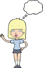 cartoon woman waving with thought bubble