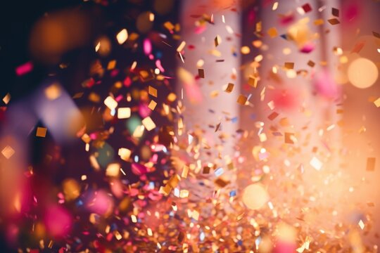 A vibrant image capturing a bunch of colorful confetti falling from the sky, creating an atmosphere of joy and celebration. Ideal for party decorations or event promotions