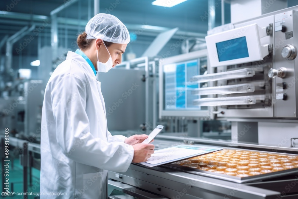 Poster a woman wearing a white lab coat is carefully studying a sheet of paper. this image can be used to r