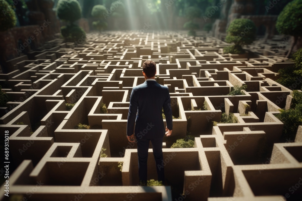 Poster A man wearing a suit stands confidently in the center of a maze. This image can be used to represent problem-solving, decision-making, or finding one's way through challenges