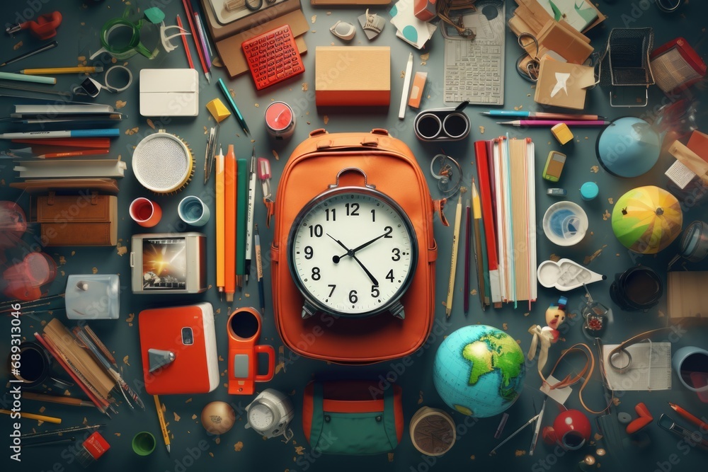 Poster a clock surrounded by various school supplies on a table. perfect for educational concepts and time 
