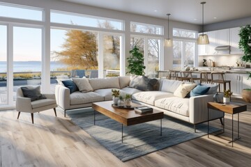 Fototapeta premium A welcoming living room filled with comfortable furniture and featuring a large window that allows ample natural light. Perfect for home decor inspiration or real estate listings