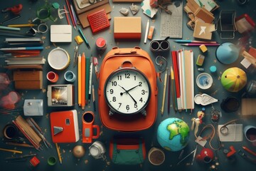 A clock surrounded by various school supplies on a table. Perfect for educational concepts and time management themes