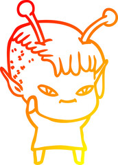 warm gradient line drawing of a cute cartoon alien girl