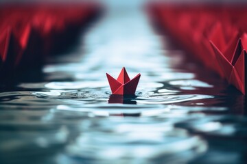 A red paper boat peacefully floating on the surface of a calm body of water. This image captures the simplicity and tranquility of a paper boat gently sailing on the water. - obrazy, fototapety, plakaty
