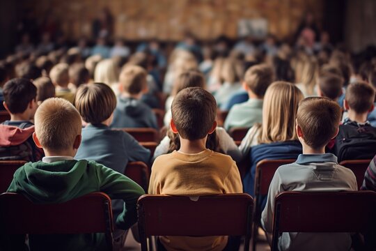 A group of children seated in chairs facing a crowd. Suitable for educational or performance events