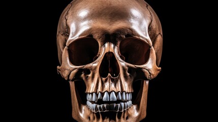 A close-up view of a human skull on a black background. Perfect for Halloween decorations or educational purposes